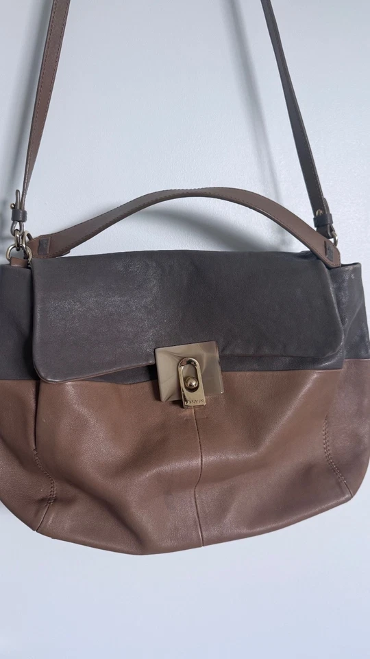 Bolso de Hombro Lanvin Vintage Cuero Marrón Gris Solapa Bolso Cartera Diseñador Francia Foto 2 de 4