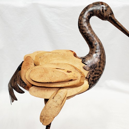 Mid Century Modern Wood and Brass Bird Sculpture Egret Herron Garden Artwork - Picture 6 of 13