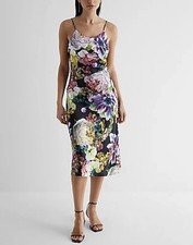New Express Black Floral Satin Midi Dress