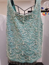 Vintage 50s 60s Hong Kong Blue 100 Wool Beaded Sequin Top Size M