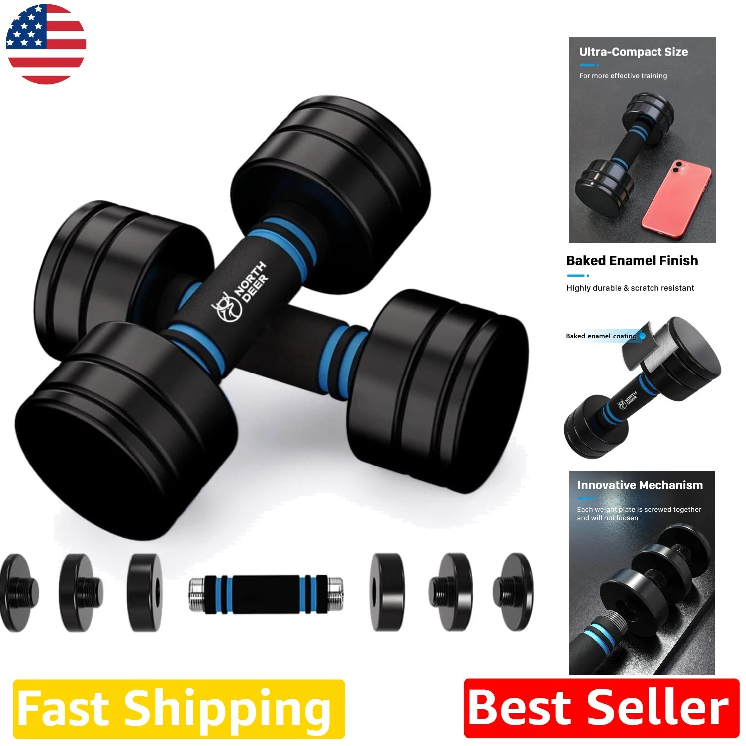 Adjustable Weight Dumbbells - Pro Black Steel, Comfort Foam Handle, Home Workout