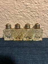 Vintage 4 Salt  Pepper Shakers Glass Crystal Square Small Set Cut Antique Old   