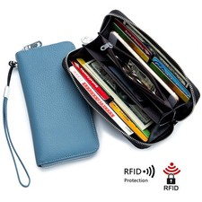 Large Capacity Womens Long Wallet Leather Phone Bag Purse Wristlet RFID Blocking