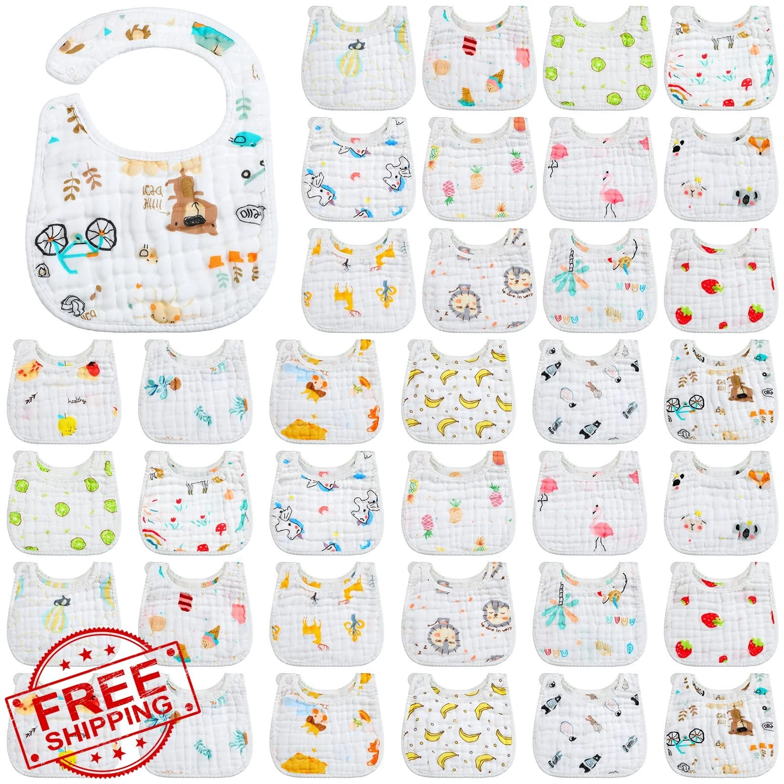 Hicarer 36 Pack U Shape Muslin Baby Bibs Drool Snap Cotton