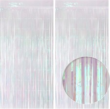 2 Pack White Iridescent Streamers Backdrop 3.3x6.6ft Foil Fringe Curtains Sil...