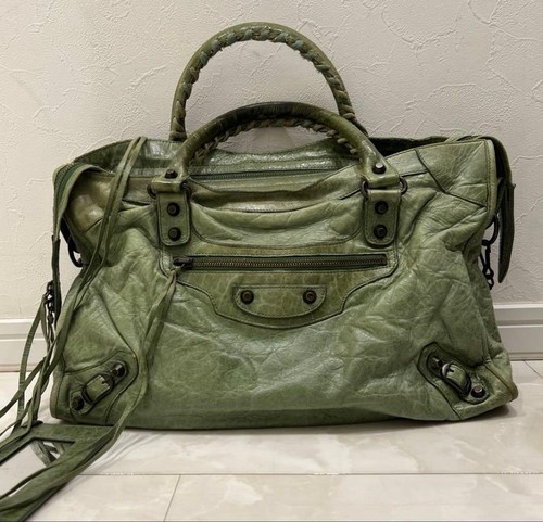 Balenciaga The City 2-way Shoulder bag Handbag 115748 Green Auth Y2K w/ Dust Bag