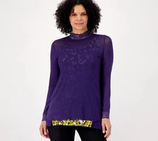 LOGO by Lori Goldstein Sheer Mesh Mock Neck Top with Lace Trim Nightshade Blue L