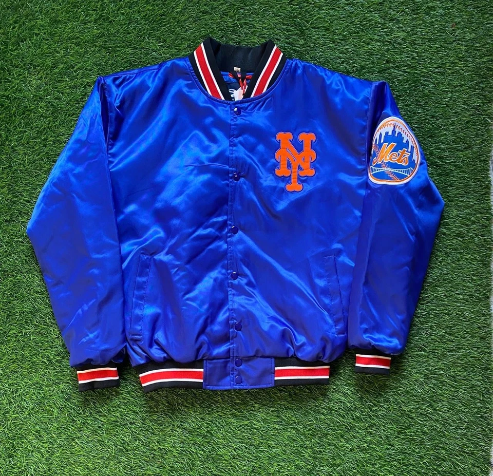 Jaqueta atlética masculina NY Mets vintage anos 90 cetim azul estilo bombardeiro jaqueta Varsity - Imagem 4 de 4