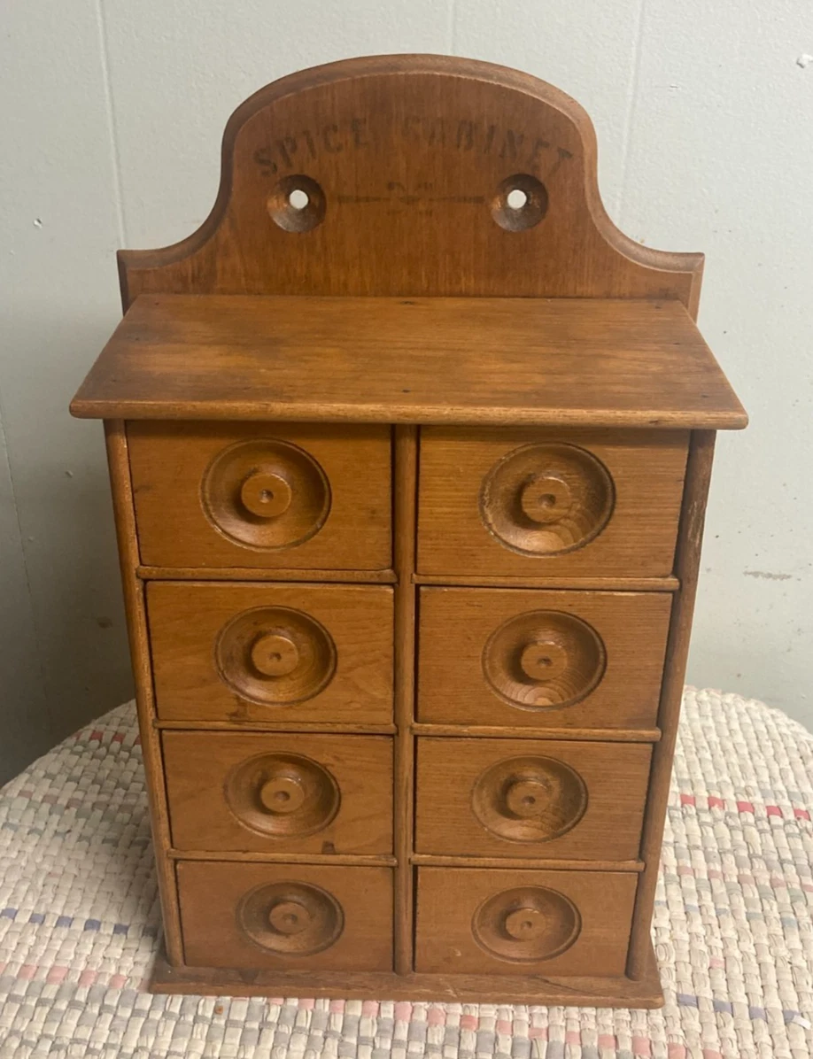 Antique Wooden Spice Cabinet Wall Mount Box 8 Spice Drawers W/Knobs