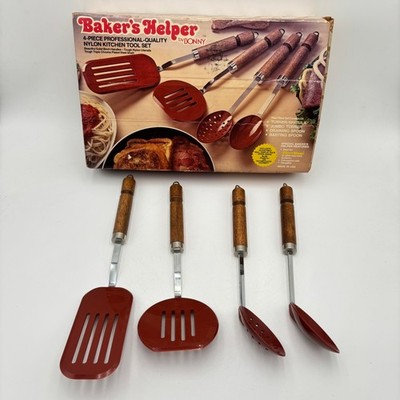 Bakers Helper by Bonny 4 Piece Nylon Kitchen Tool Set Wooden Handles 80s NIB USA