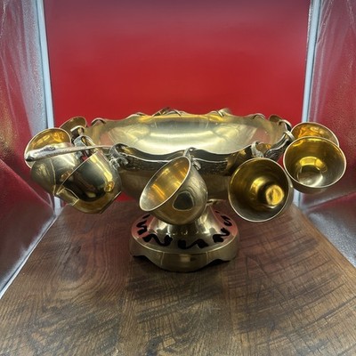 Vintage Solid, Brass Brass Punch Bowl Set With 12 Cups and Ladle