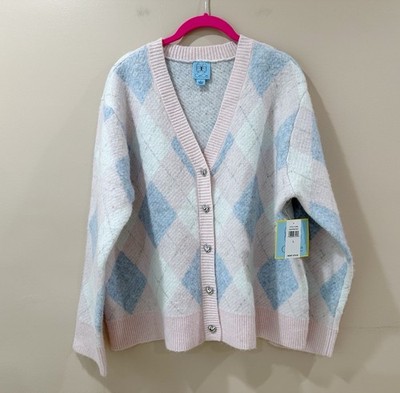 CeCe Heart Button Argyle Cardigan Sweater Pink Blue White Diamond Womens L 