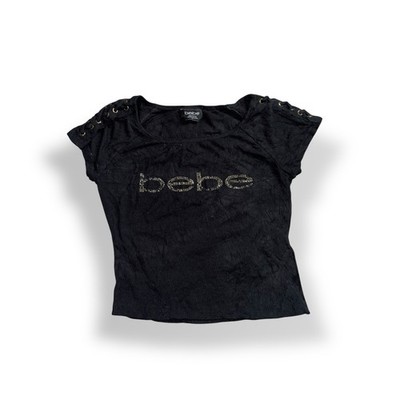 Bebe Women's Top Size Small Black Rhinestone Baby Tee Y2K 2000s T-shirt Vintage