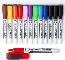 Magnetic Fine Tip Dry Erase Markers 12 Pack 10 Colors Low Odor Set for