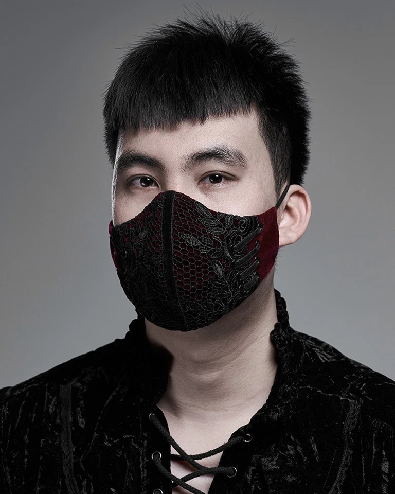 Punk Rave Mens Womens Gothic Steampunk Face Cover Mask Red Velvet Black Lace VTG - Image 3 of 4