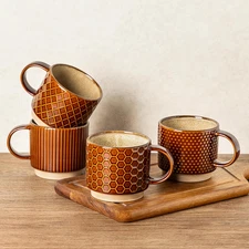 GBHOME 12 OZ Stackable Coffee Mugs, Ceramic Coffee Cups with Texture Patterns fo