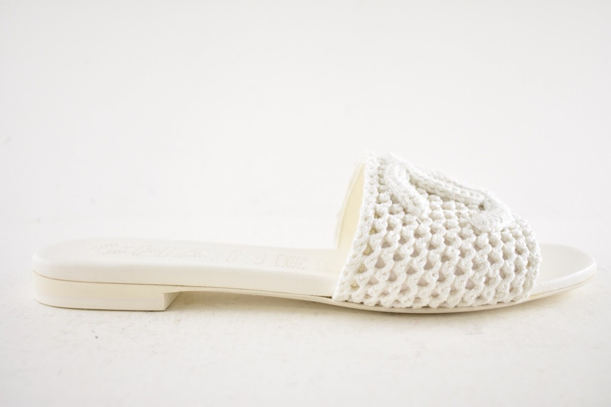 Chanel 24M White Crochet Knit Coco Beach CC Logo Mule Slide Slip