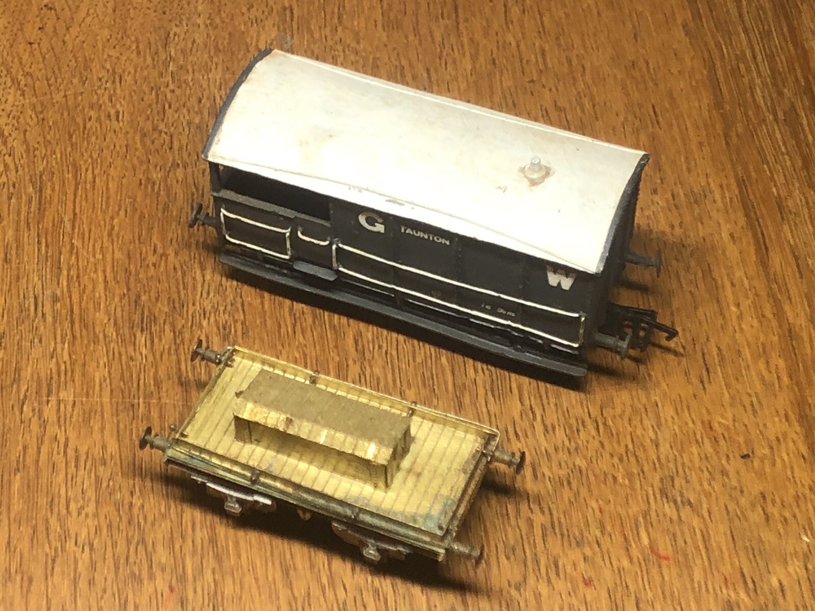 Two Kit Built Wagons Diecast Brake Van x1 & Brass Etched Flat Wagon x1