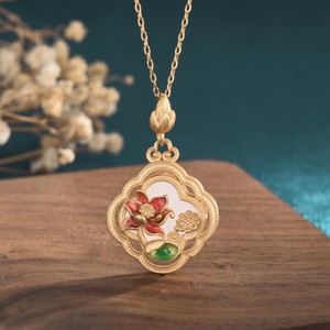 Authentic White Natural Jade Lotus Pendant Necklace Real Jewelry 18K Gold Plated