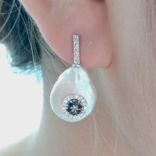 14MM White Coin Pearl Earrings Cz Pave Stud