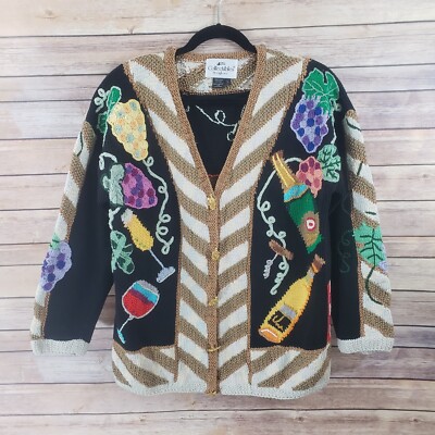 J Two Collectibles Vtg L Cardigan Sweater Wine Vineyard Grapes Colorful Artsy 
