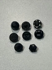 (8) Various Antique Black Mourning Glass Buttons Tunnel Shank Fancy X20