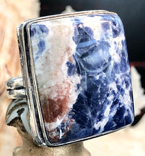LARGE 1" Natural Blue Sodalite Ring Unisex Rectangle .925 Sterling Silver Size 7