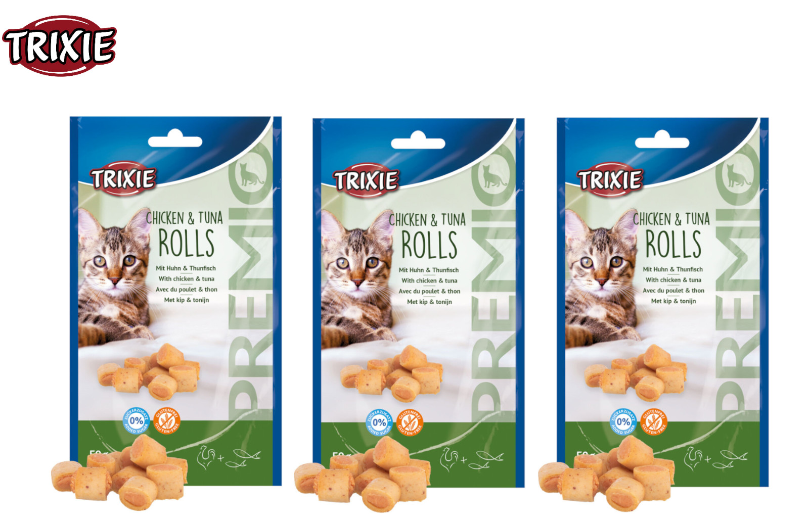 3 PACK TRIXIE PREMIO CHICKEN & TUNA ROLL GLUTEN FREE CAT TREATS SNACKS 50G