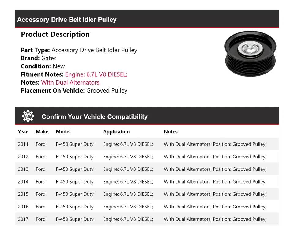 Para Ford F-450 Super Duty 2011-2017 correa de transmisión polea loca puertas polea ranurada Foto 2 de 4