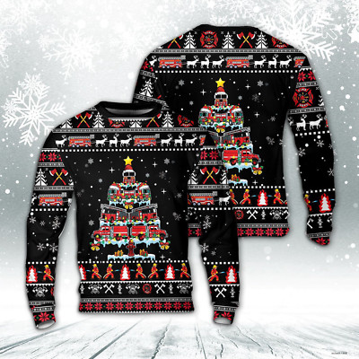 Fire Truck Christmas Tree Sweater For Men & Women Lightweight Xmas Gift