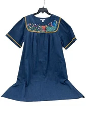 Go Softly Women's Chambray Patio Dress 1X Embroidered Peacock & Floral Mumu NWT