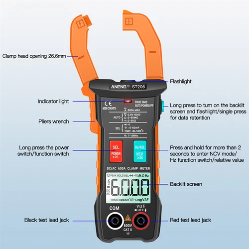 ST206 Digitale Stromzange Auto Range Elektrischer Stromtester Messwerkzeuge - Bild 10 von 11