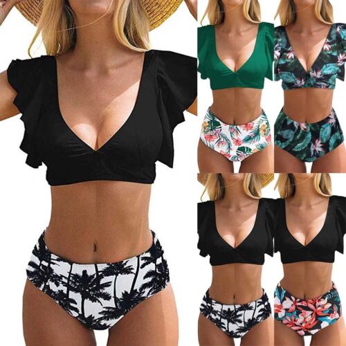Women's Elegant High Waisted Ruffled Bikini Set with Color Block Design - Picture 1 of 17