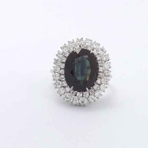 18k White Gold Sapphire Diamond Ring Princess Diana Halo Setting sz8 New - Picture 5 of 9