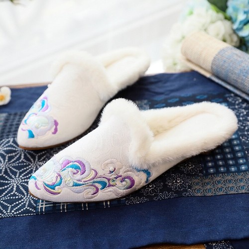 Women Chinese Plush Fleece Lined Slippers Embroidery Loafers Mule Shoes - Picture 6 of 11