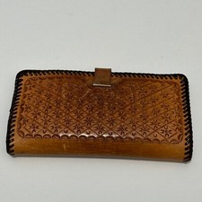 Vintage Handmade Brown Tooled Floral Leather Wallet Clutch Purse Boho