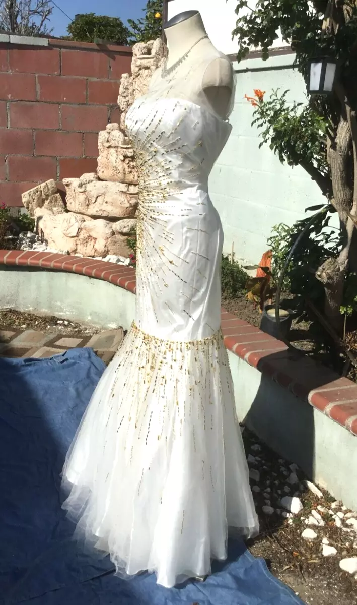 NEW EUREKA One Shoulder Long Dress Trumpet Gold Embellished Bodice