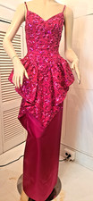 VTG 1980s MIKE BENET DRAMATIC SEQUINS PEPLUM HOT PINK PROM PARTY DRESS SIZE S