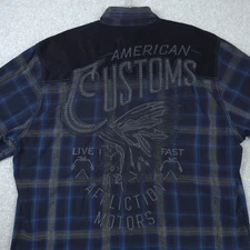 Affliction Shirt Mens 2XL XXL Blue Western Plaid Embroidered Skull Athletic Fit