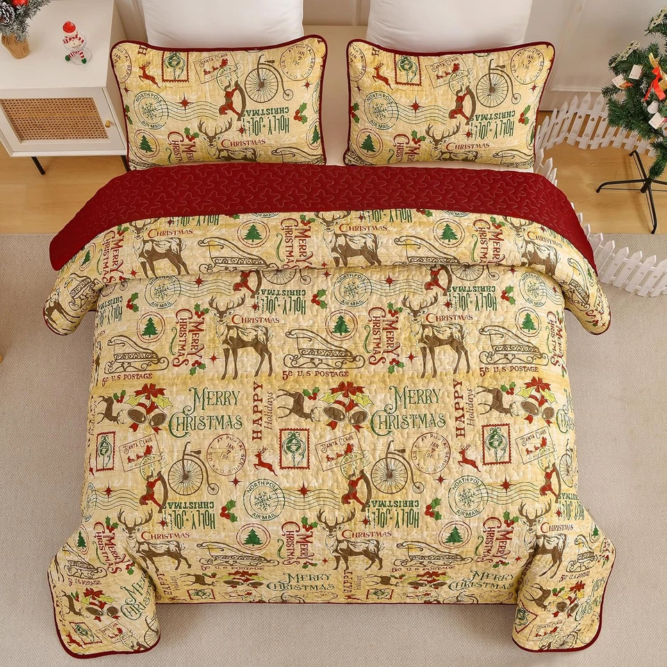 Juego de edredón de Navidad tamaño king, marrón Feliz Navidad juego de cama con trineo de ciervos Foto 3 de 4