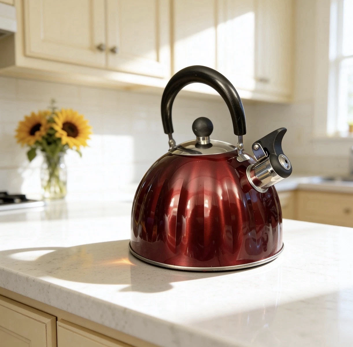 Mr. Coffee Red Whistling Tea Kettle 2.2 Qt Stainless Steel Open Box New