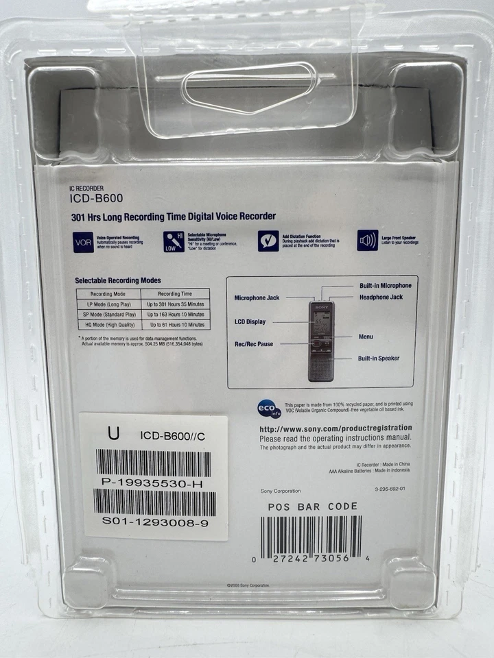Sony ICD-B600 Digital Voice Recorder 512MB 301 Hours - New & Sealed - Image 4 of 4