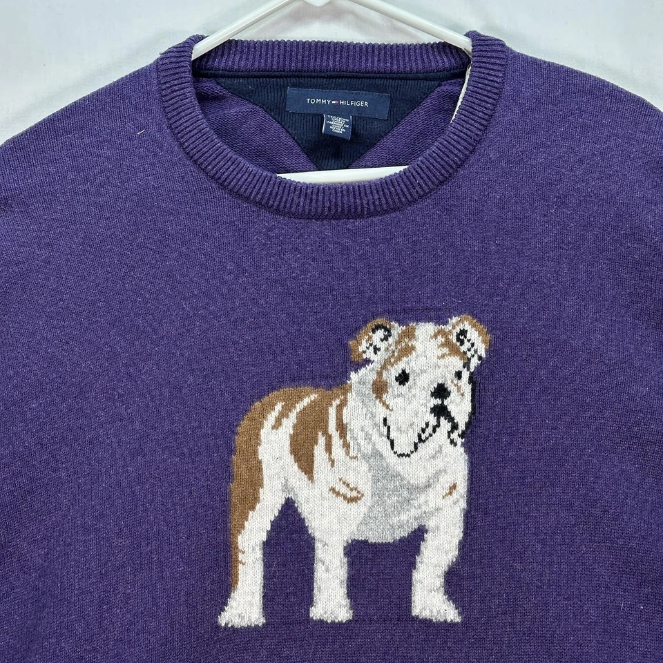 TOMMY HILFIGER Bulldog Crewneck Sweater Mens 2XL Elbow Patches Purple Cotton - Image 4 of 4