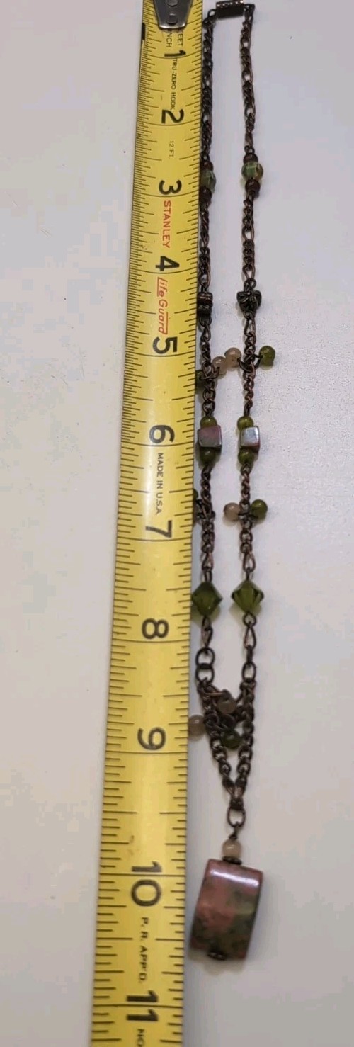 copper chain, green  pink beaded  rectangular jas… - image 12