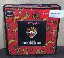 Ed Hardy Dark Red with Tigers Print 6pc KING Sheet Set with 4 Pillowcases