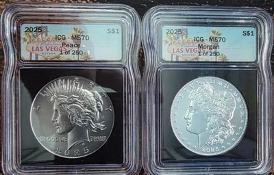 🎰 2025 Morgan & Peace Silver Dollar Set ICG MS70 Las Vegas Label 1 of 250 🎰 - Image 1 of 4
