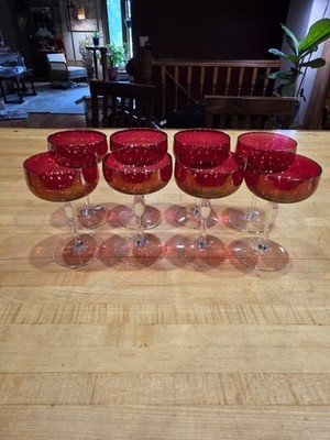 Vintage Ruby Red Champagne Coupe Glasses Clear Stem Set of 8
