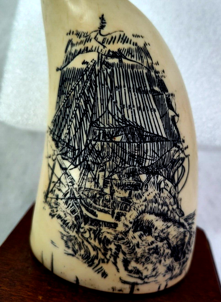 Replica Faux Scrimshaw 2 Whale Tooth Bookends Whaling Hunting Scene