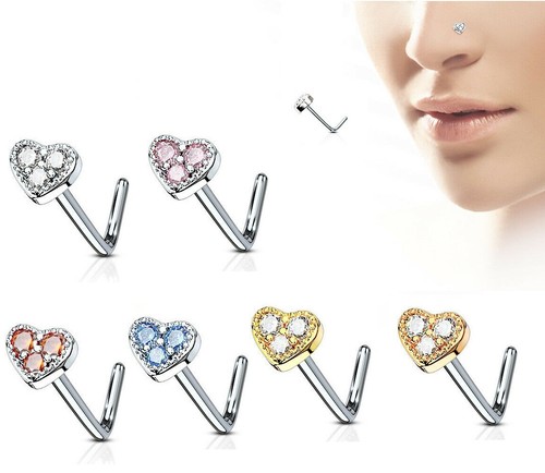 Surgical Steel CZ Gem Paved Heart L Bend 20G Nose Ring Stud Screw Piercing - Picture 8 of 8