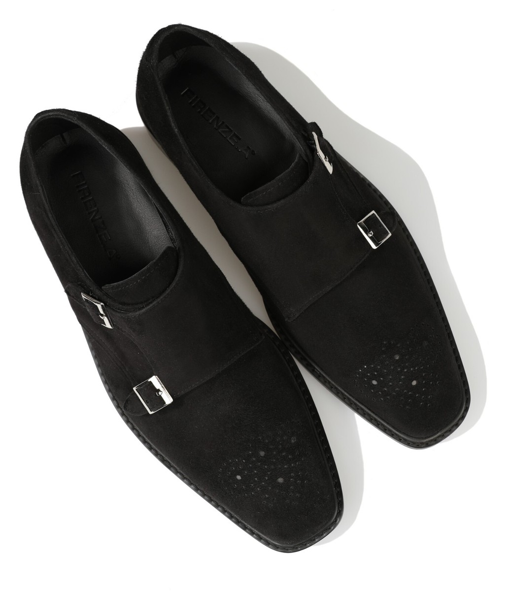 Firenze Atelier Men's Handmade Black Suede Double Monk Strap Oxford Dress  Shoes